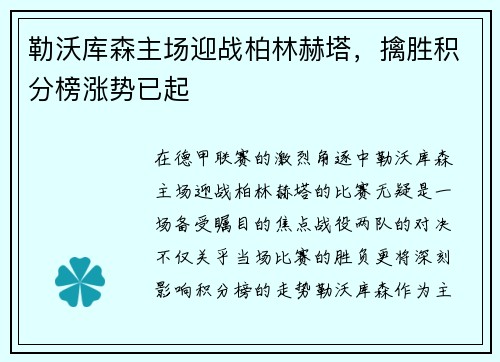 勒沃库森主场迎战柏林赫塔，擒胜积分榜涨势已起