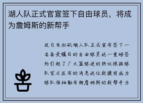 湖人队正式官宣签下自由球员，将成为詹姆斯的新帮手