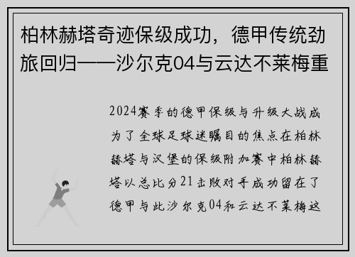 柏林赫塔奇迹保级成功，德甲传统劲旅回归——沙尔克04与云达不莱梅重返顶级联赛